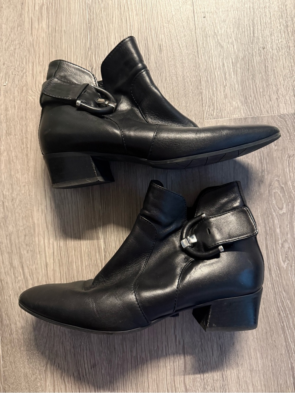 Aquatalia Black Leather Pointed Ankle Booties with Buckle